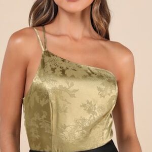 Lulus Olive Satin Jacquard One-shoulder Bodysuit Green - Size M